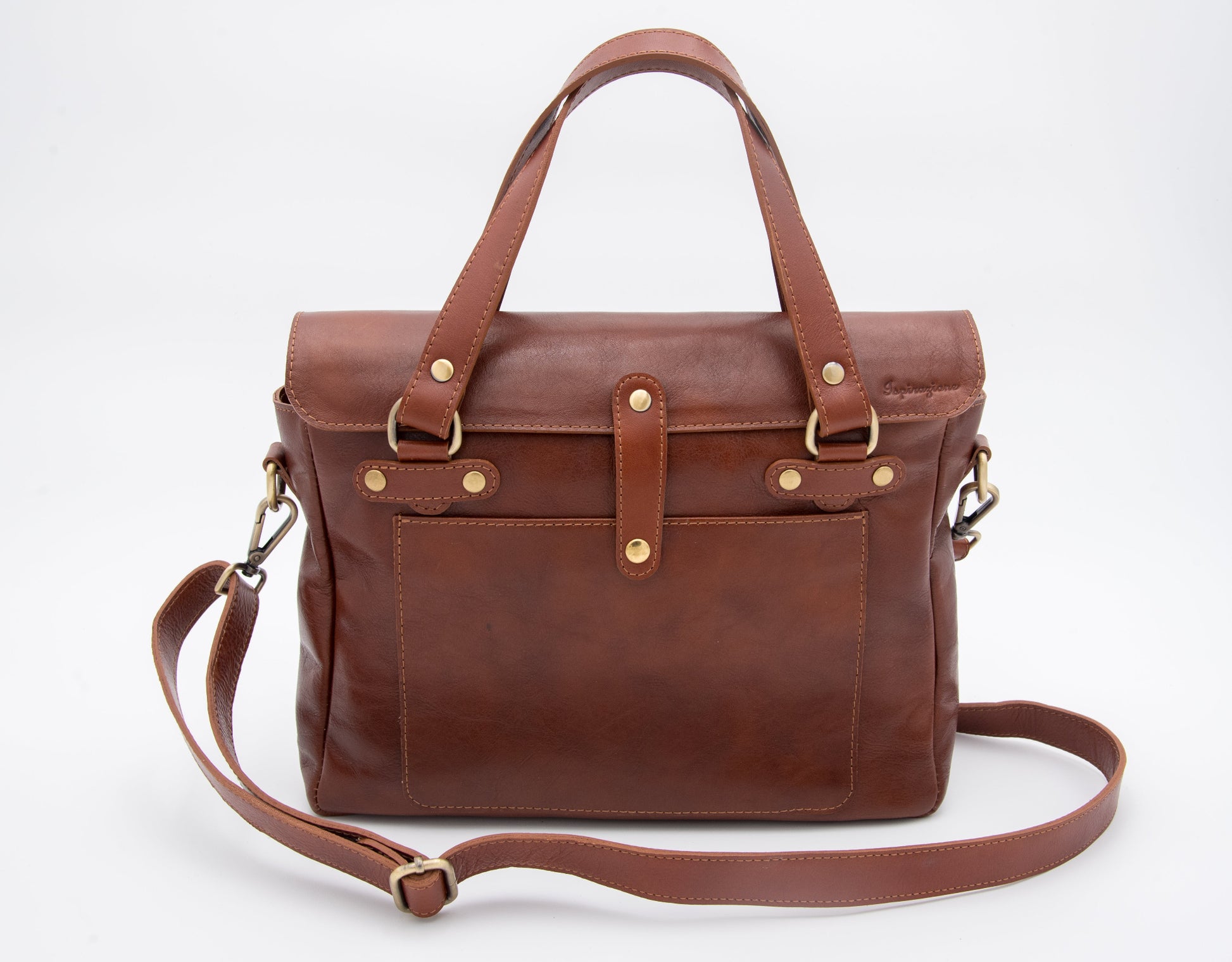 Borsa artigianale in pelle marrone con manici e tracolla regolabile – Ispirazione pelletteria