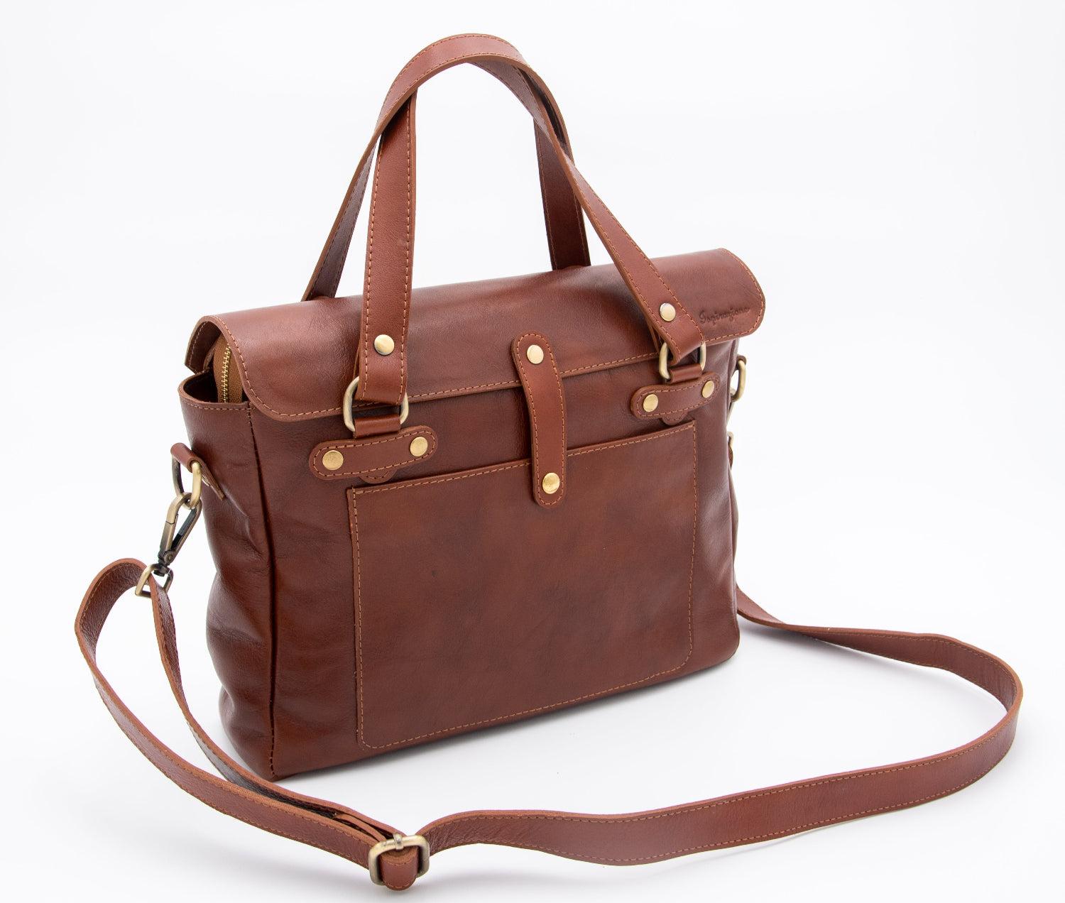 Borsa artigianale in pelle marrone con manici e tracolla regolabile – Ispirazione pelletteria