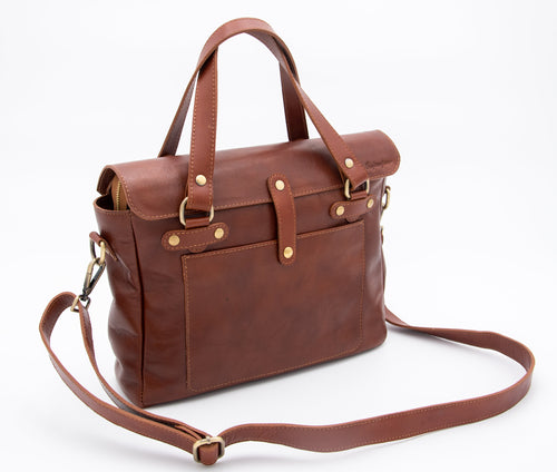 Borsa artigianale in pelle marrone con manici e tracolla regolabile – Ispirazione pelletteria