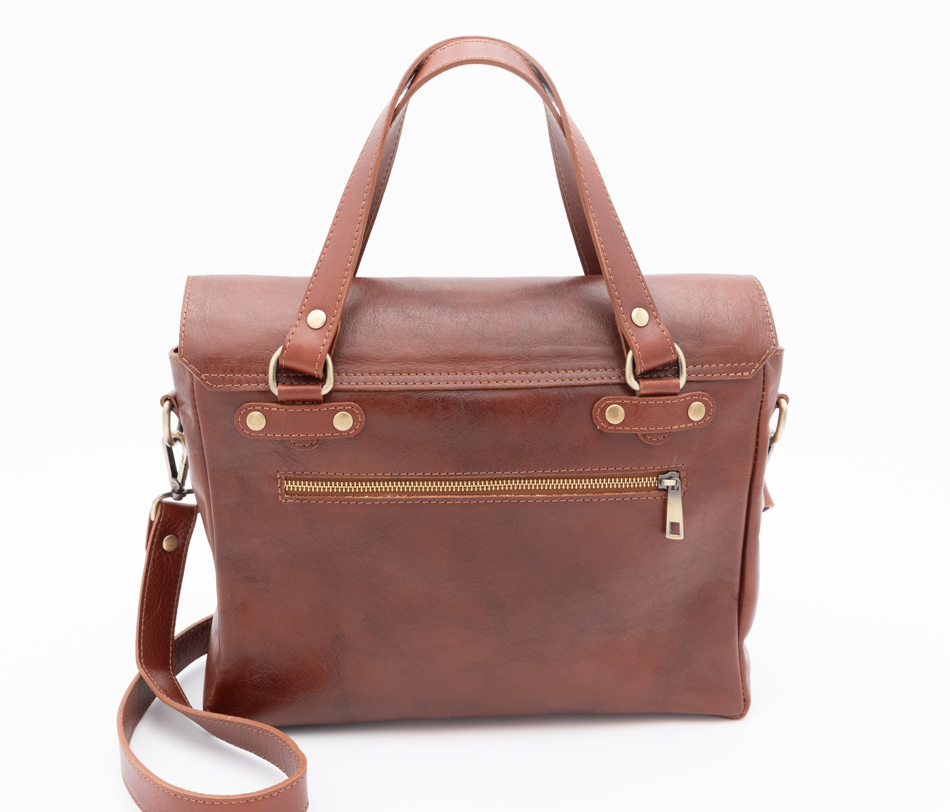 Borsa artigianale in pelle marrone con manici e tracolla regolabile – Ispirazione pelletteria