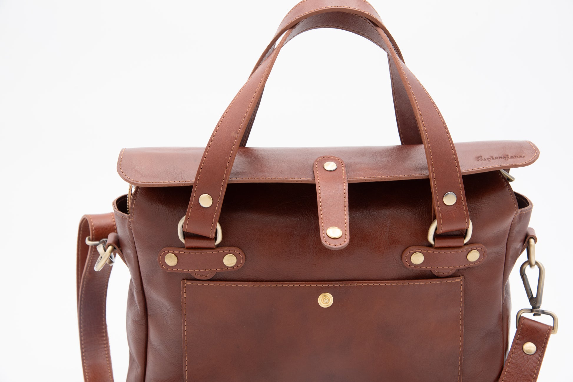 Borsa artigianale in pelle marrone con manici e tracolla regolabile – Ispirazione pelletteria